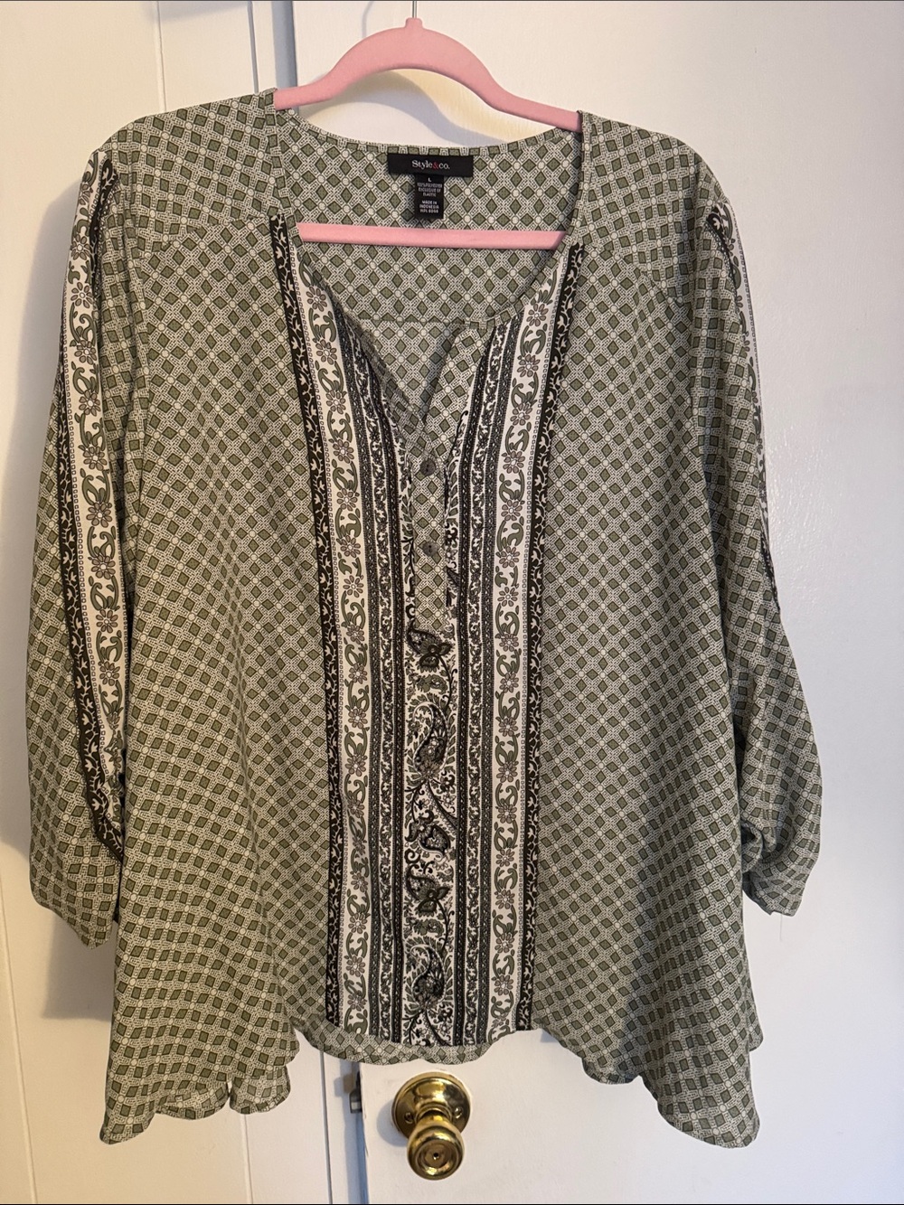 Style & Co. Olive and Ivory Printed Split-Neck Tunic
